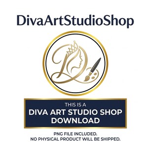 Op de afbeelding: Het DivaArtStudioShop-logo toont een goudkleurig cirkelvormig embleem met het profiel van een vrouw en een kroon. De tekst "DivaArtStudioShop" staat boven het embleem. Daaronder staat een marineblauwe rechthoek met de tekst "THIS IS A DIVA ART STUDIO SHOP DOWNLOAD".