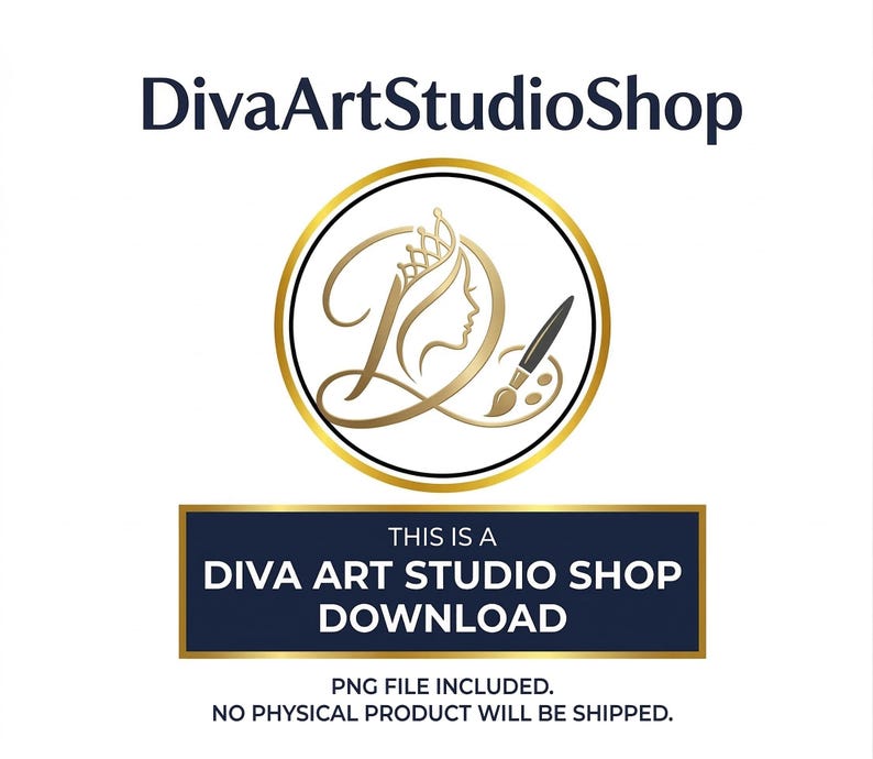 Op de afbeelding: Het DivaArtStudioShop-logo toont een goudkleurig cirkelvormig embleem met het profiel van een vrouw en een kroon. De tekst "DivaArtStudioShop" staat boven het embleem. Daaronder staat een marineblauwe rechthoek met de tekst "THIS IS A DIVA ART STUDIO SHOP DOWNLOAD".