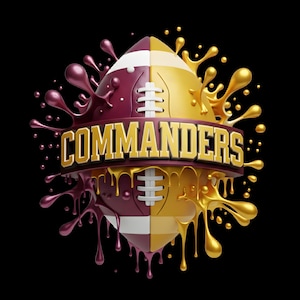 Puede incluir: Un diseño estilizado de fútbol americano con la palabra "COMMANDERS" en letras doradas. El balón se divide en secciones burdeos y doradas, con cordones blancos. Salpicaduras de pintura burdeos y doradas rodean el balón sobre un fondo negro.