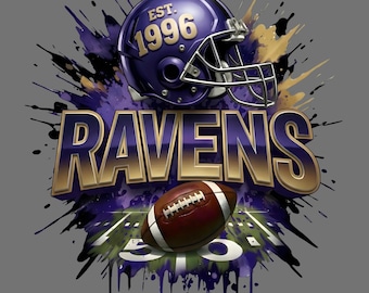 May include: A digital graphic featuring a purple football helmet with the text "EST. 1996" and the word "RAVENS" in gold and purple. A brown football is positioned below the text, with a background of purple and gold paint splatters.