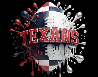 以下が含まれることがあります： 「TEXANS」の文字が赤色で描かれた、スタイリッシュなアメフトのデザイン。赤、白、青のセクションに分かれたボールに、赤、青、銀色のペンキのような飛沫が飛び散り、すべて黒い背景に配置されています。