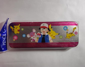 Metalowy piórnik Pokémon Vtg 2002 Nieotwarty Vintage Ash Pikachu Rattata