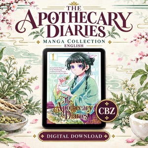 May include: A digital download of The Apothecary Diaries manga collection, volume 1, displayed on a tablet screen. The cover features a character in traditional attire holding a mortar and pestle, surrounded by botanical illustrations.