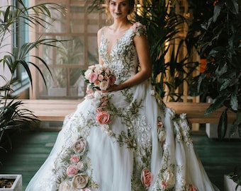 Floral Wedding Dress, Princess Dress, A line Wedding Dress, Boho Beach Wedding Dress, Forest Green Wedding Dress, Romantic Bridal Gown