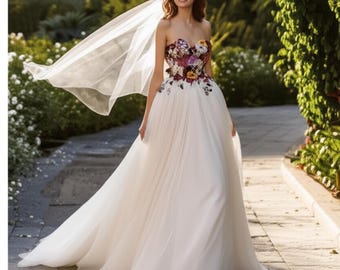 Vestido de novia floral / Vestido de novia boho chic / Vestido de novia único / Vestido de novia de cuento de hadas / Vestido de novia sin mangas - Vestido de novia de ensueño