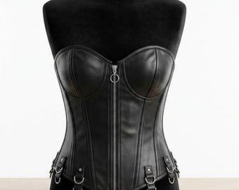 Zwart leren korsettop - bovenborst Gothic bustier strapless taillesneaker - clubwear-outfit met veters voor dames
