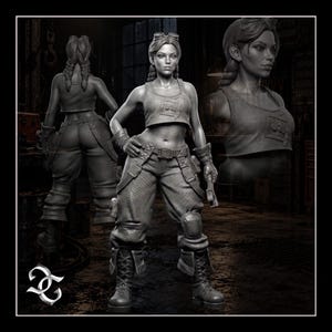 May include: A monochrome 3D character figurine featuring a person with braided hair wearing goggles, a cropped tank top, utility pants with a belt, knee pads, and lace-up boots. The figure holds a wrench and is shown from multiple angles.
