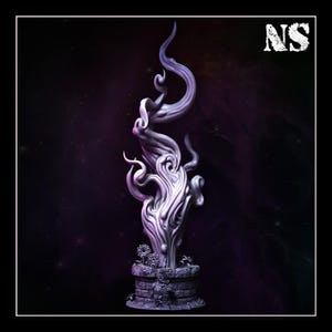 May include: A light purple, sculpted figurine of swirling smoke or magical energy rising from a circular, stone-textured base adorned with small flower details. The letters NS are visible in the top right corner of the dark, framed image.