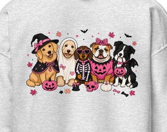 Hot Pink Pups with Pumpkins Adult Hooded Soft Sweatshirt with Heart Paw on Front