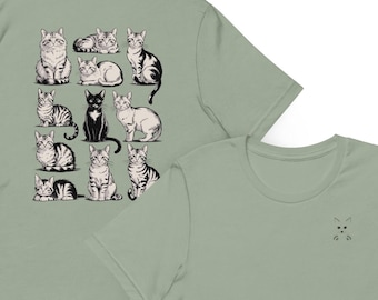 Vintage Black & White Cats Adult Tshirt - Multiple Cats on comfy Adult Tee with Front Cat Face Image