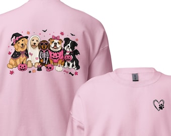 Hot Pink Pups with Pink Pumpkins Adult Crew Neck Soft Sweatshirt with Heart Paw on the Front