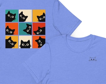 Retro Vintage Black Cats Adult Soft Tshirt  - Funny Cat Faces on Back with Cat face on front Comfy Adult Tee