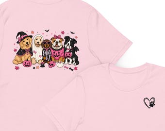 Hot Pink Pups with Pink Pumpkins Adult Soft Tshirt with Heart Paw on the Front