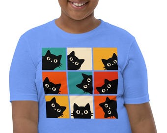Retro Vintage Black Cats Kids Tshirt - Funny Cat Faces Youth Tshirt