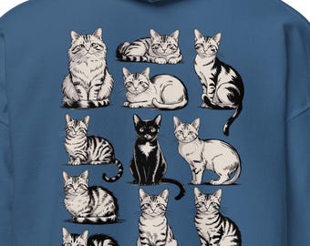 Retro Black & White Cats Soft Adult Hooded Soft Sweatshirt - Multiple Cats on Adult Hoodie Sweatshirt with Front Peeking Cat Image