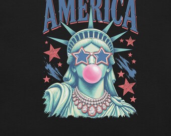 Camiseta macia com a Estátua da Liberdade estourando chiclete - Patriótica