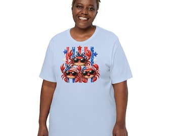 Celebração Patriótica Shellabration - Caranguejos de Óculos de Sol - camiseta macia - 4 de julho - Dia da Independência