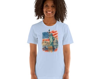 Colagem da Estátua da Liberdade - Patriótica - Camiseta Macia - Unissex - Monte Rushmore