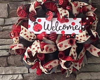 Good Luck Ladybug Welcome Wreath with Glittered Lady bugs