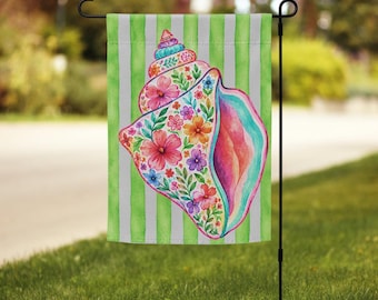 Bandeira de jardim com concha estilizada - Somente a bandeira - Concha pintada - Estilo costeiro - Presente