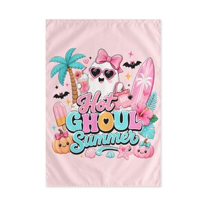 May include: A light pink rectangular flag featuring a cartoon ghost wearing heart-shaped sunglasses and a pink bow. The text reads Hot GHOUL Summer. Surrounding elements include a palm tree, surfboard, ice lolly, beach bag, pumpkins, and seashells.