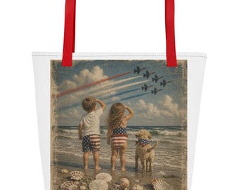 Bolsa grande vintage patriótica com estampa de jatos e crianças na praia - com bolso - 40x50 cm - suporta até 20 kg - 4 de julho