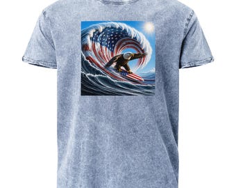 Camiseta jeans com águia surfista - Patriótica - Dia dos Pais - Dia da Independência - Presente