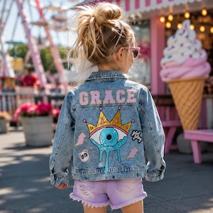 Personalised Kids Denim Jacket with Custom Patches | Birthday Jean Jacket. Girl. Toddler gift. Customised denim jacket.