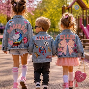 Jaqueta jeans infantil personalizada | Apliques personalizados, nome, presente de aniversário