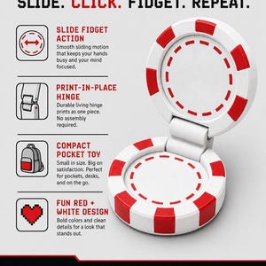 May include: A white and red Hinge Pod fidget toy with the text "SLIDE. CLICK. FIDGET. REPEAT." The toy is open, revealing a circular design. The image also includes text describing the product's features.