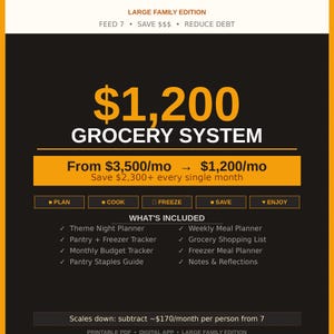 May include: A digital graphic with the text "$1,200 GROCERY SYSTEM" in gold against a black background. The image promotes a grocery system, highlighting savings and includes a list of included features like meal planners and budget trackers.