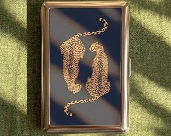 Leopard Cigarette Case Vintage Card Holder Wallet, Cheetah Print Cigarette Holder, Metal Cigarette Case, Cash Holder Gift for Women