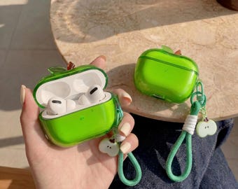 Green Apple Airpod Case, Cute Fruit 3D Clear Earphone Case, Kawaii Novelty Airpod Pro Case With Charm, Aesthetic Fruit Lover Gift For Her