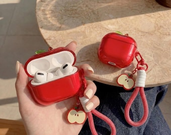 Red Apple Airpod Case, Cute 3D Fruit Earphone Case With Wrist Strap, Kawaii Aesthetic Tech Accessory, Cute Fruit Gift For Her