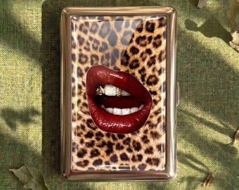 Leopard Print Cigarette Case Vintage Metal Cigarette Holder, Red Lips Cig Case Wallet, Glam Card Holder, Bold Gift for Women