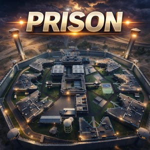 Puede incluir: Vista aérea de un complejo penitenciario al anochecer. La palabra "PRISON" se muestra en letras doradas grandes sobre el complejo. La prisión está rodeada por un alto muro y torres de vigilancia.