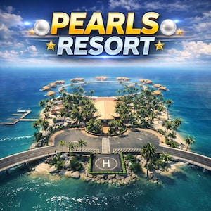 Puede incluir: Vista aérea de un resort en una isla tropical con el texto "PEARLS RESORT" en oro y blanco. La isla cuenta con un gran edificio, palmeras, un helipuerto y bungalows sobre el agua. Puentes conectan la isla con el continente, rodeada de agua turquesa.
