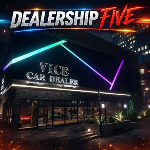 Op de afbeelding: Nachtelijke buitenopname van een autodealer. Het gebouw heeft neonlichten in blauw, groen en paars. De teksten "DEALERSHIP FIVE" en "VICE CAR DEALER" zijn zichtbaar. Auto's zijn zichtbaar in de showroom.