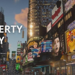 Könnte beinhalten: Ein Stadtbild mit hohen Gebäuden und hellen Werbetafeln. Der Text "LIBERTY CITY" ist deutlich sichtbar. Das Bild vermittelt ein Gefühl von urbanem Leben und Unterhaltung.