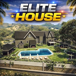 Peut inclure: Illustration numérique d'une maison de luxe avec piscine et jardin paysager. Le texte "ELITE HOUSE" en or se détache sur un fond de montagnes et de ciel bleu.
