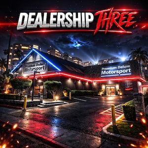 May include: Nighttime exterior shot of a building with the text "DEALERSHIP THREE" and "Premium Deluxe Motorsport". The building has red and blue neon lights, with palm trees and city lights in the background. The image has a cinematic feel.