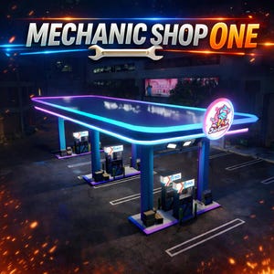 Puede incluir: Una gasolinera iluminada con el texto "MECHANIC SHOP ONE" y una llave inglesa. La estación tiene luces de neón azules y moradas, con surtidores de gasolina y un letrero de "Jet Grease". La escena está ambientada de noche.