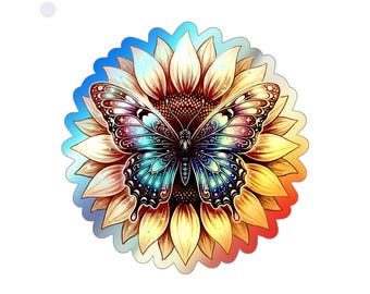 Pegatina holográfica de mariposa girasol / calcomanía de vinilo troquelada