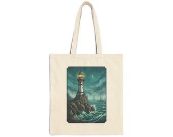 Bolso de lona con diseño de faro, bolso de mano de estilo náutico costero.