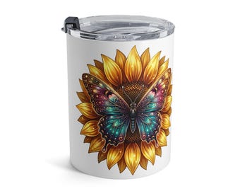 Vaso térmico de 295 ml con diseño de girasoles y mariposas, taza de viaje de acero inoxidable con aislamiento, regalo floral inspirado en la naturaleza.