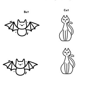 Puede incluir: Ilustración en blanco y negro con la palabra «Black» en la parte superior. Debajo, dibujos de murciélagos con las alas extendidas y gatos sentados. Todos los elementos están en un estilo de dibujo lineal negro sobre fondo blanco.