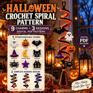 May include: A digital PDF pattern for a Halloween crochet spiral decoration featuring nine interchangeable charms including a ghost, pumpkin, bat, witch hat, moon, cat, spider, star, and haunted house, with three complete hanging design examples.