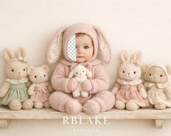 Fondo digital con diseño de conejito para recién nacido, inserción de cara de bebé rosa, configuración de estante neutro, composición de juguete suave, superposición de Photoshop, niña
