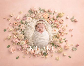 Sfondo digitale floreale rosa primaverile per neonati, sfondo fotografico per bambina, accessorio a forma di cuore con rose, cornice floreale rosa tenue, composizione per neonati
