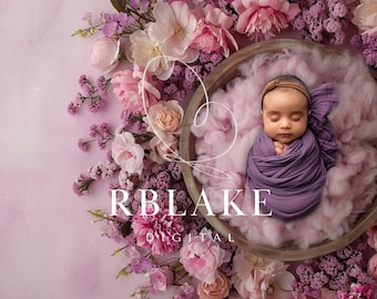 Sfondo digitale floreale viola per neonati, cestino rosa, composizione floreale, sfondo per bambina, Photoshop, fotografia di neonati, accessorio per servizio fotografico